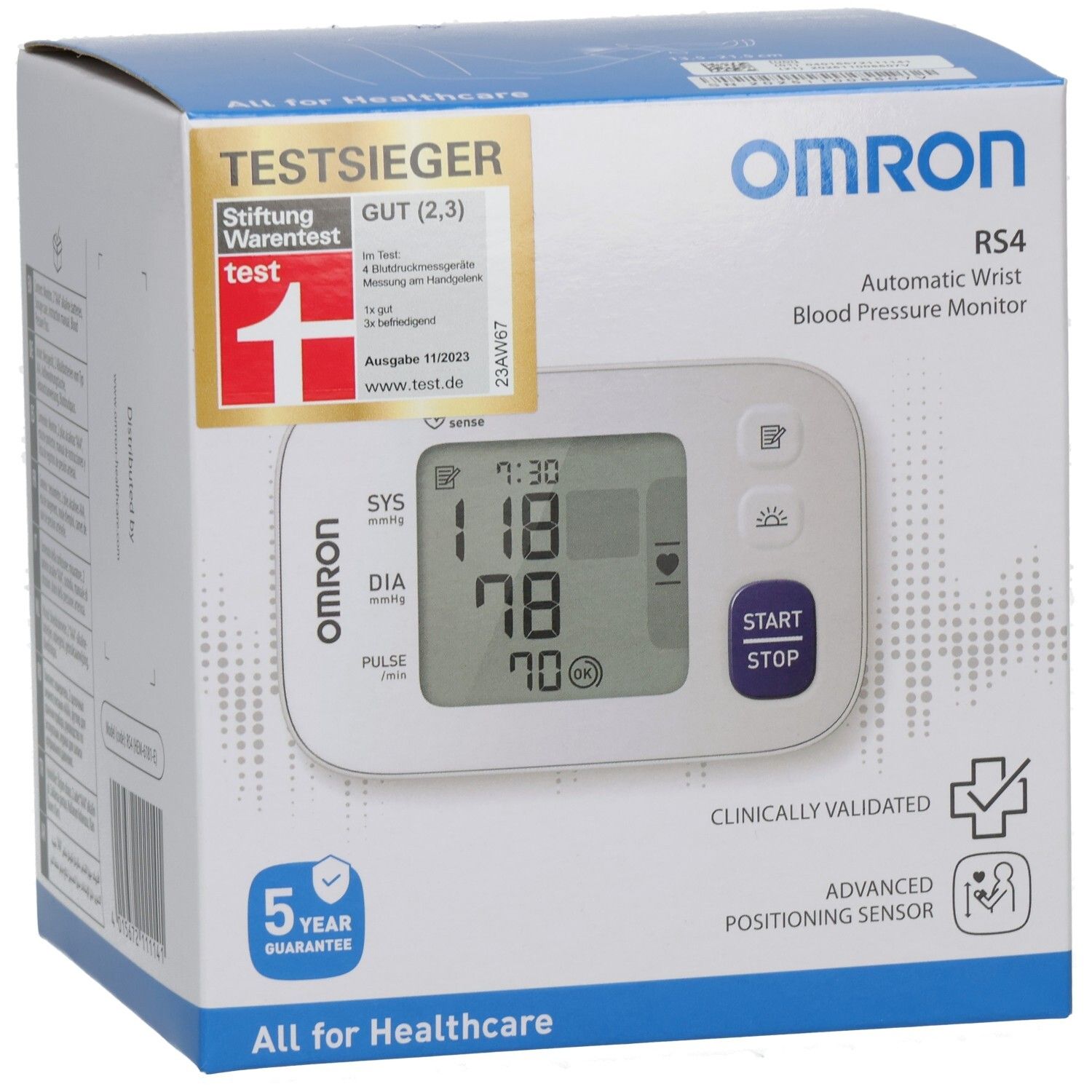 OMRON RS4 Handgelenk-Blutdruckmessgerät in Verpackung. Anzeige: 118/78, Puls 70. Stiftung Warentest GUT (2,3).