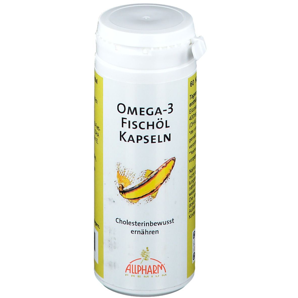 Weiße Flasche mit gelbem Etikett. Aufschrift: Omega-3 Fischöl Kapseln. Abbildung eines Fisches. Marke: ALLPHARM.