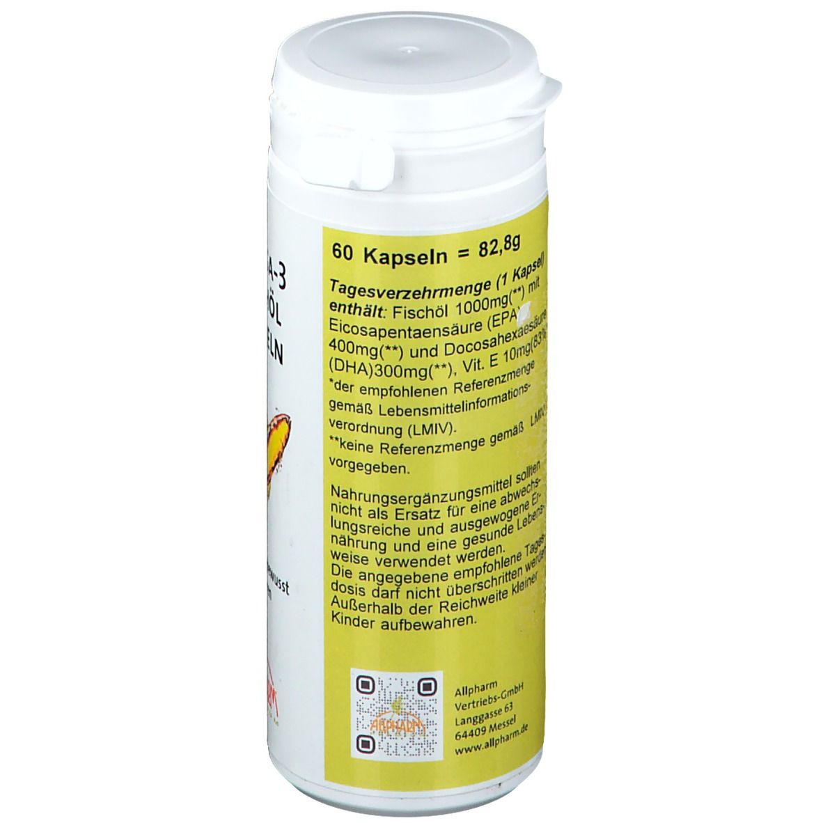 Weiße Flasche mit gelbem Etikett. Text: 60 Kapseln. Inhaltsangaben. QR-Code. Marke: ALLPHARM.