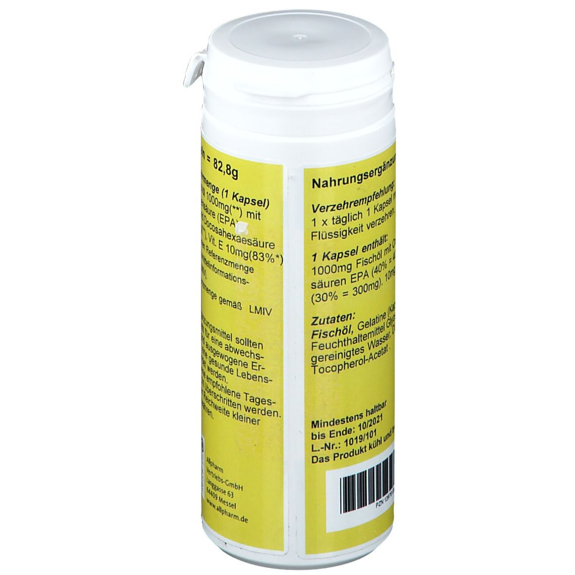 Weiße Flasche mit gelbem Etikett. Text: Inhaltsstoffe, Verzehrempfehlung. Mindestens haltbar bis. Marke: ALLPHARM.