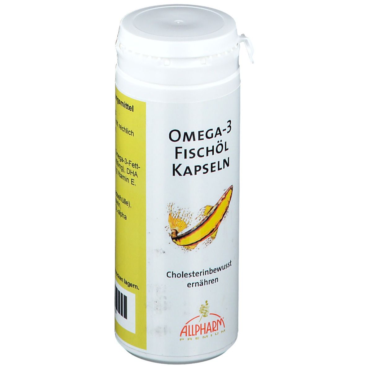 Weiße Flasche mit gelbem Etikett. Aufschrift: Omega-3 Fischöl Kapseln. Abbildung eines Fisches. Marke: ALLPHARM.