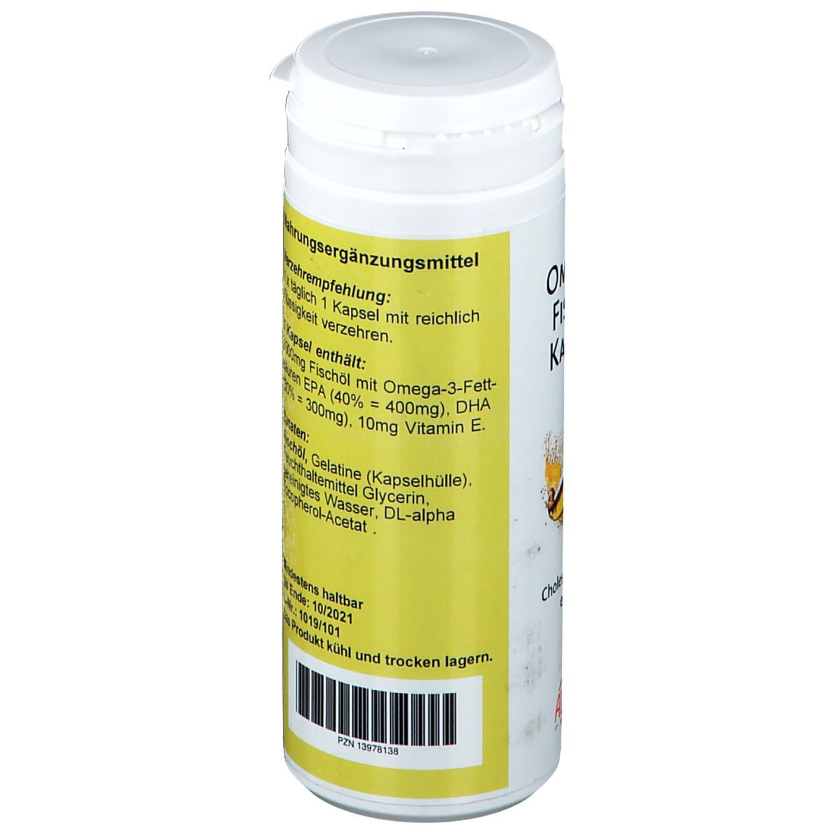 Weiße Flasche mit gelbem Etikett. Text: Verzehrempfehlung, Inhaltsstoffe. Mindestens haltbar bis. Marke: ALLPHARM.