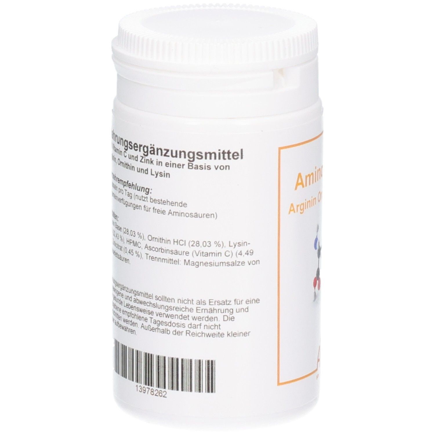 Rückseite einer Dose mit Allpharm Amino Triple Kapseln. Enthält Nährwertangaben und Inhaltsstoffe.
