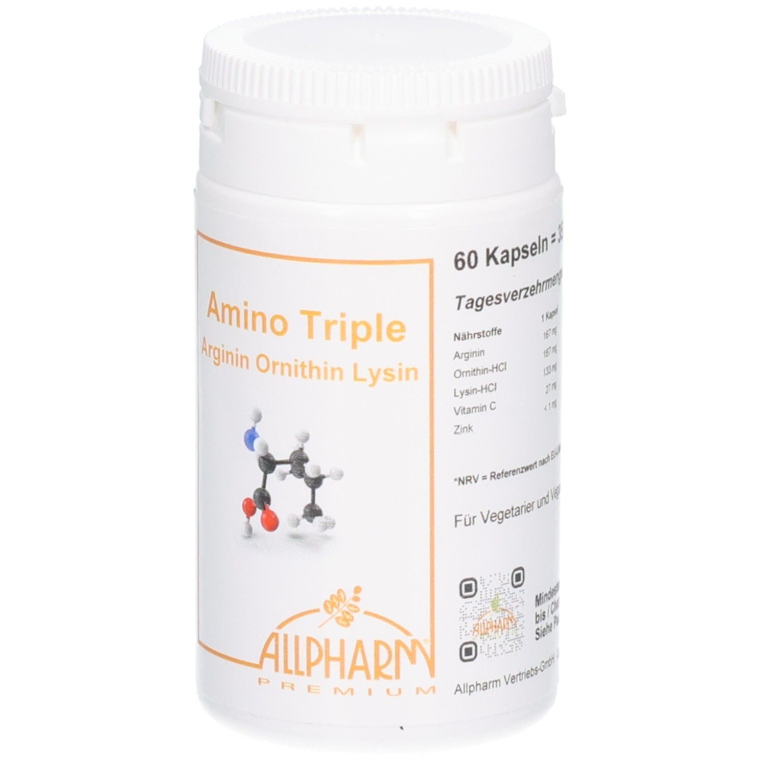 Dose mit Allpharm Amino Triple Kapseln. Enthält Arginin, Ornithin, Lysin und Vitamin C.