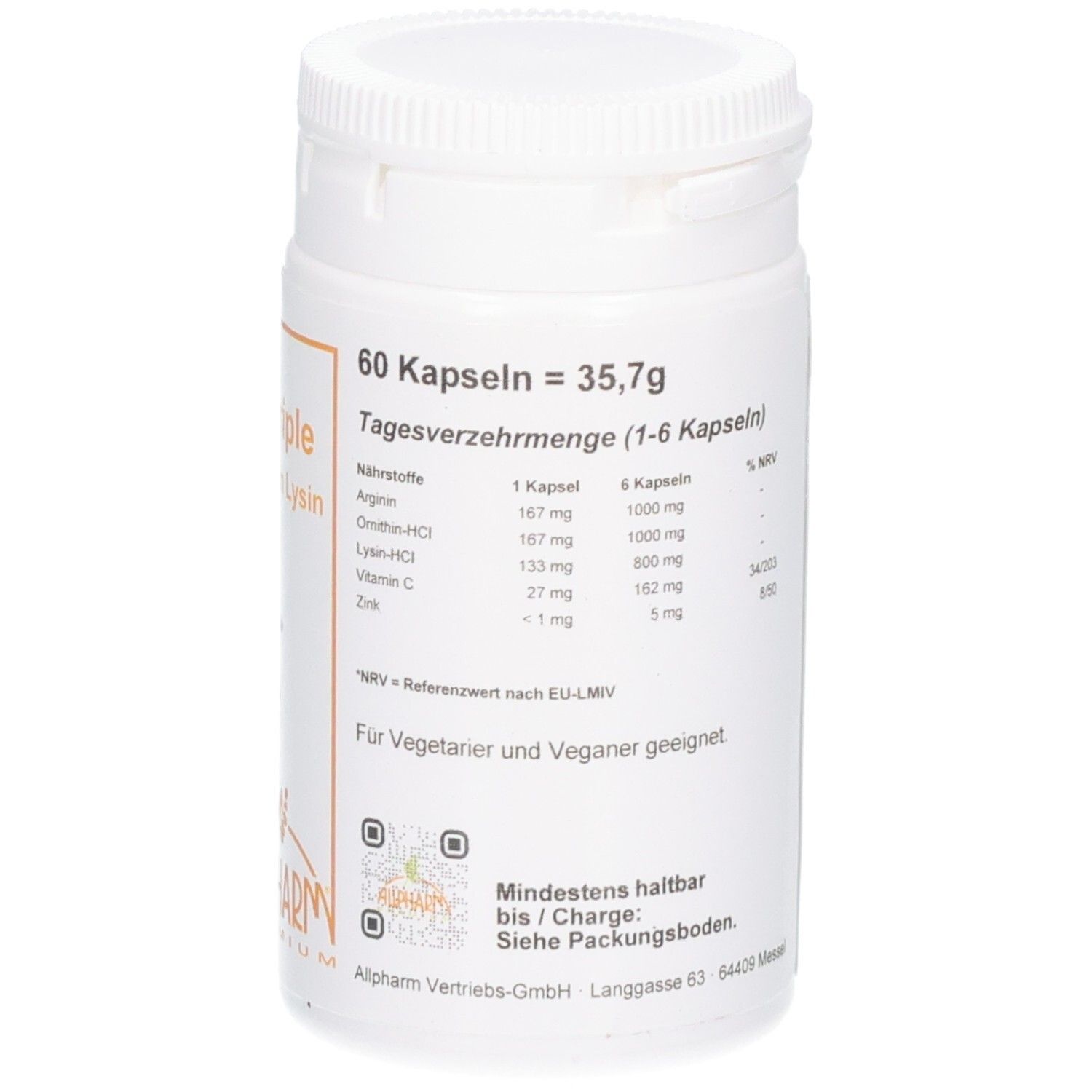 Rückseite einer Dose mit Allpharm Amino Triple Kapseln. Enthält Nährwertangaben und Dosierung.