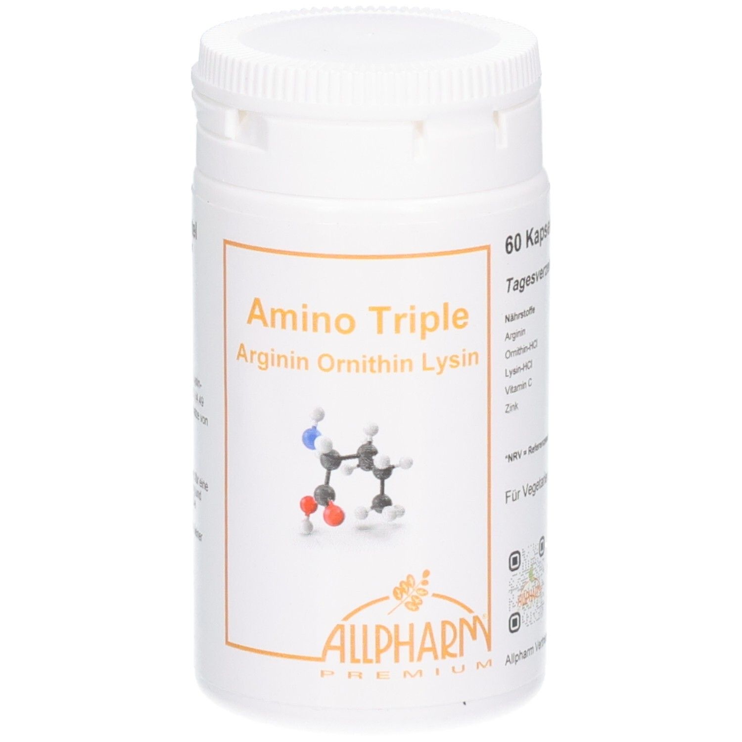 Dose mit Allpharm Amino Triple Kapseln. Enthält Arginin, Ornithin, Lysin und Vitamin C.