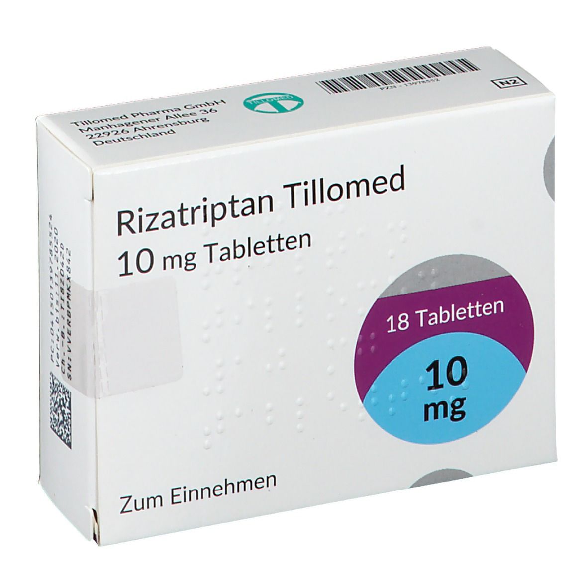 Schachtel Rizatriptan Tillomed 10 mg Tabletten. Enthält 18 Tabletten. Aufdrucke: Name, Dosierung, Hersteller.