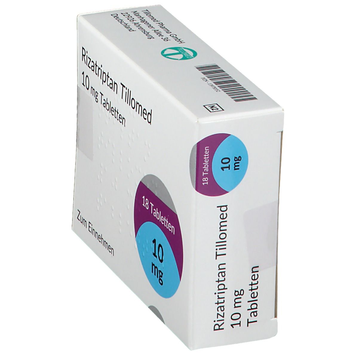 Schachtel Rizatriptan Tillomed 10 mg Tabletten. Seitenansicht. Aufdrucke: Name, Dosierung, 18 Tabletten.