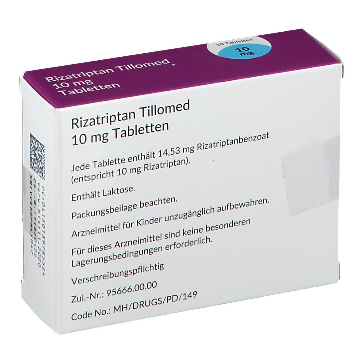 Rückseite der Schachtel Rizatriptan Tillomed 10 mg Tabletten. Text: Inhaltsstoffe, Hinweise, Chargennummer.