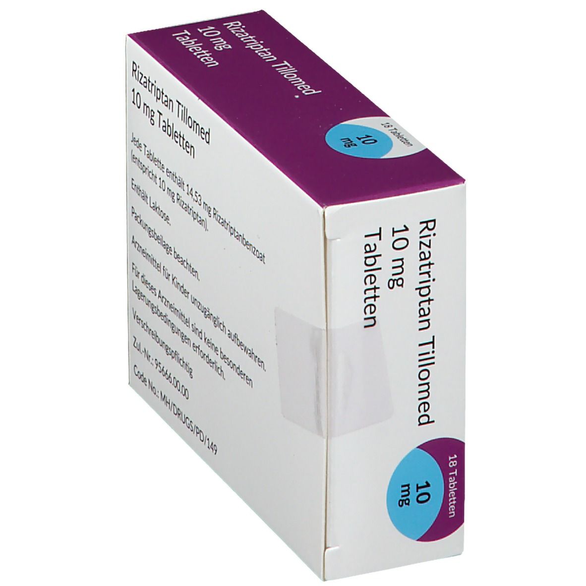 Schachtel Rizatriptan Tillomed 10 mg Tabletten. Seitenansicht. Rückseite mit Text und Chargennummer.