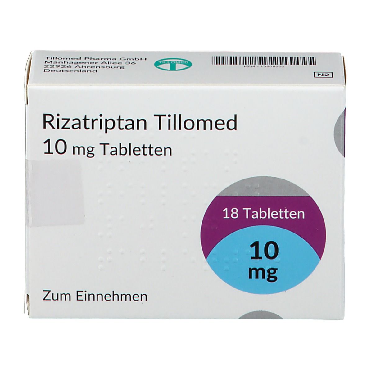Schachtel Rizatriptan Tillomed 10 mg Tabletten. Vorderansicht. Enthält 18 Tabletten. Aufdrucke: Name, Dosierung.