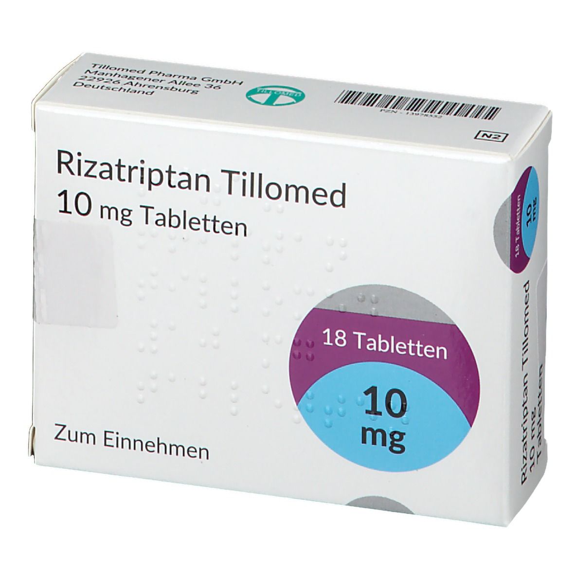 Schachtel Rizatriptan Tillomed 10 mg Tabletten. Vorderansicht. Enthält 18 Tabletten. Aufdrucke: Name, Dosierung.