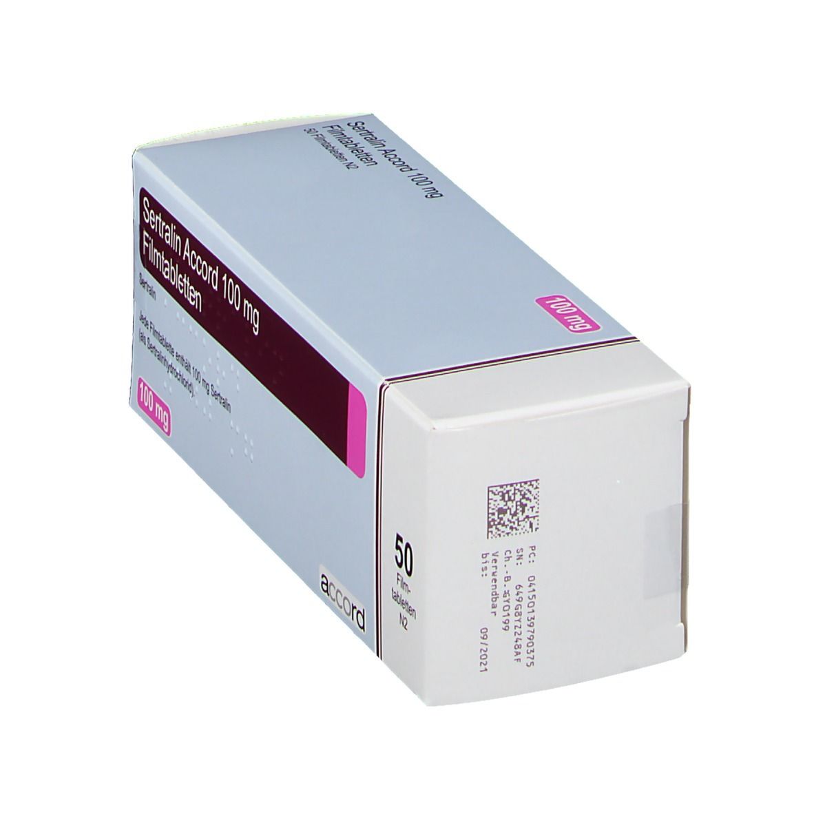 Schachtel SERTRALIN ACCORD 100 mg Filmtabletten. Aufschrift: 100 mg, 50 Filmtabletten. Marke: accord. Rückseite mit Barcode.