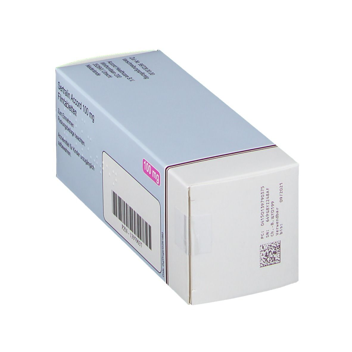 Schachtel SERTRALIN ACCORD 100 mg Filmtabletten. Aufschrift: 100 mg. Rückseite mit Barcode und Text. Marke: accord.