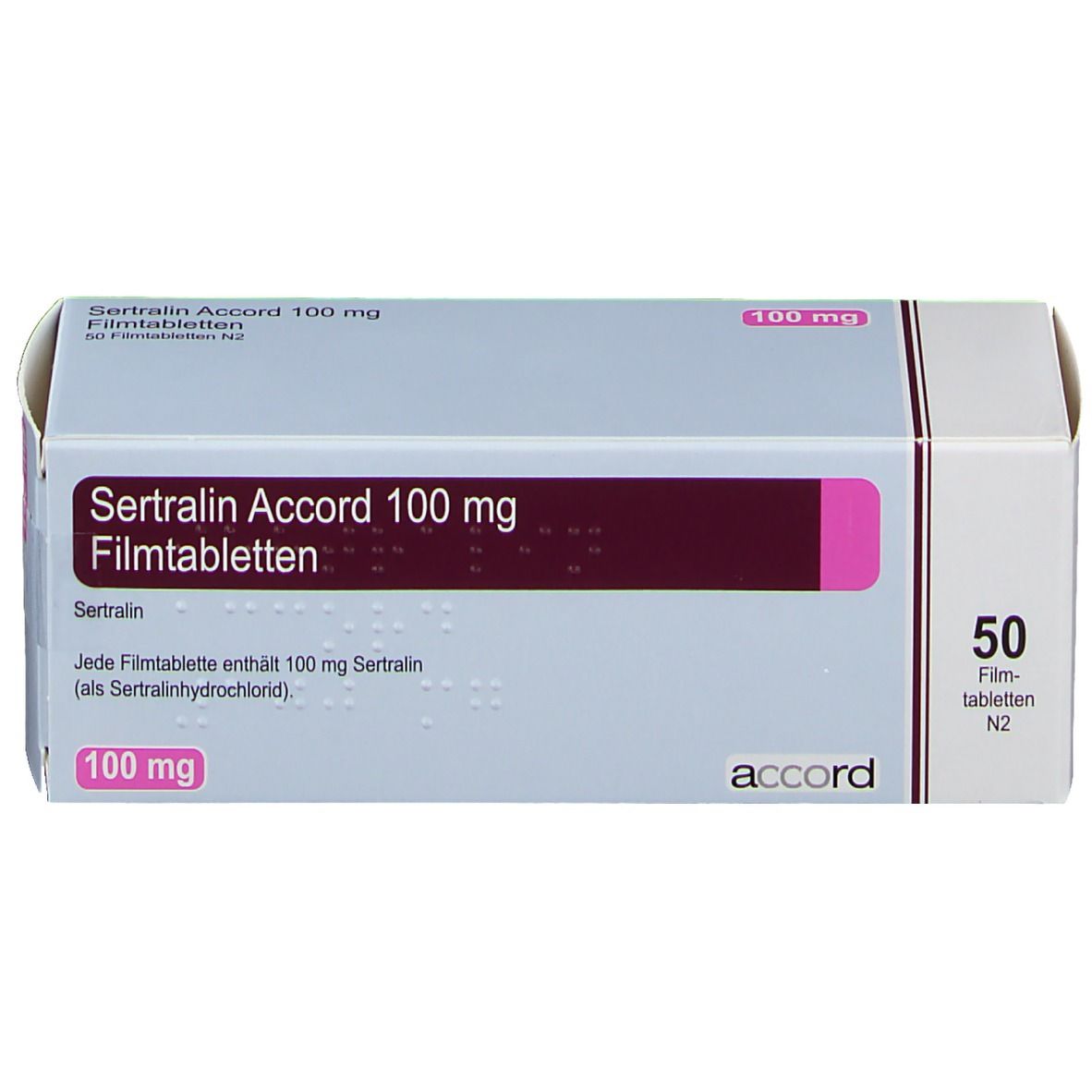 Schachtel SERTRALIN ACCORD 100 mg Filmtabletten. Aufschrift: 100 mg, 50 Filmtabletten. Marke: accord.