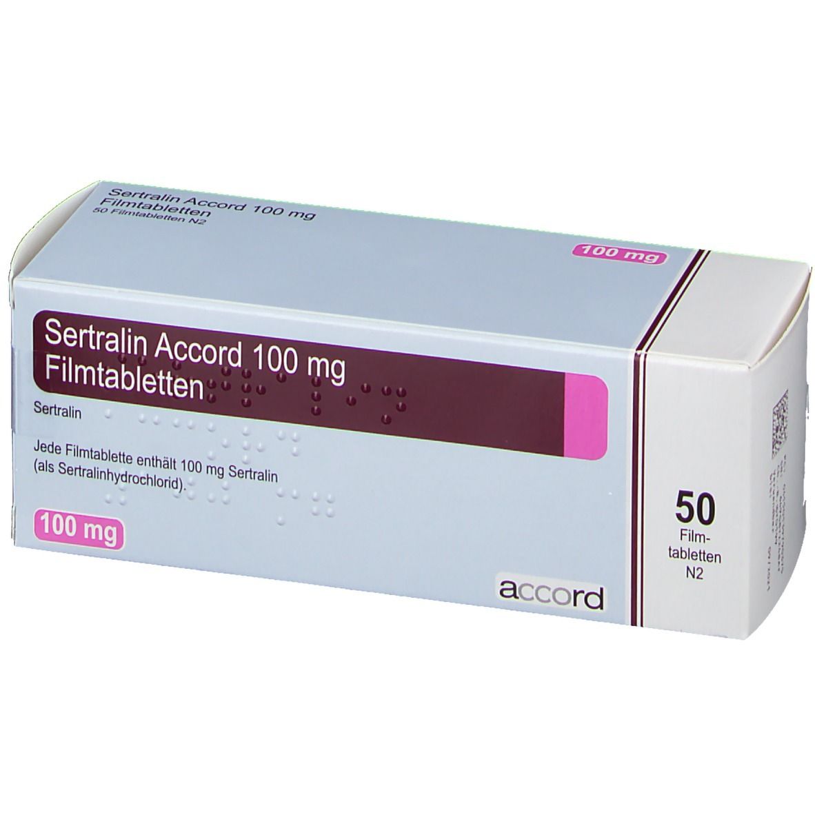 Schachtel SERTRALIN ACCORD 100 mg Filmtabletten. Aufschrift: 100 mg, 50 Filmtabletten. Marke: accord.