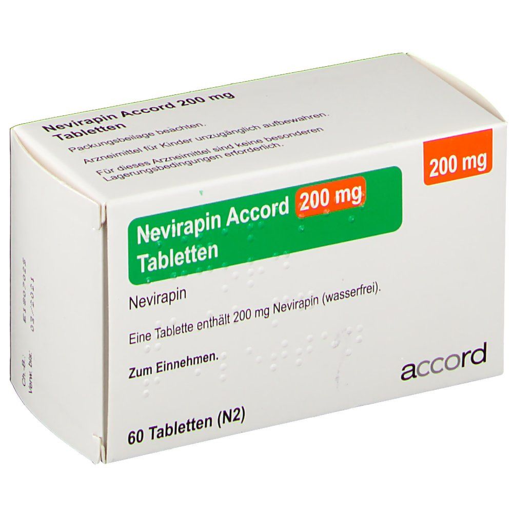 Schachtel mit Nevirapin Accord 200 mg Tabletten. Grün-oranges Etikett mit Produktinformationen. 60 Tabletten. Marke: accord.