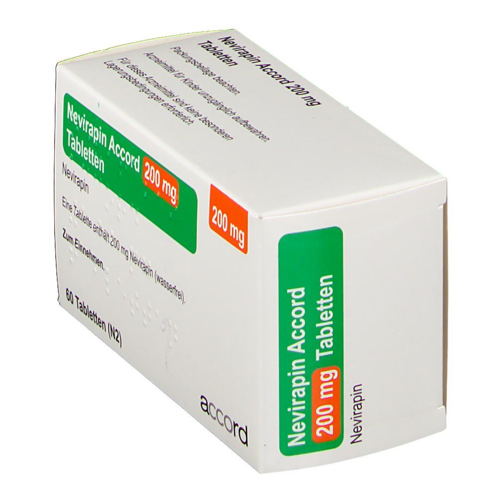 Schachtel mit Nevirapin Accord 200 mg Tabletten. Grün-oranges Etikett mit Produktinformationen. Marke: accord. 200 mg.