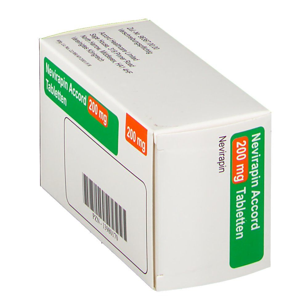 Schachtel mit Nevirapin Accord 200 mg Tabletten. Barcode und Produktinformationen. Marke: accord. 200 mg.