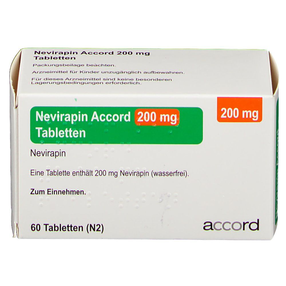 Schachtel mit Nevirapin Accord 200 mg Tabletten. Grün-oranges Etikett mit Produktinformationen. 60 Tabletten. Marke: accord.