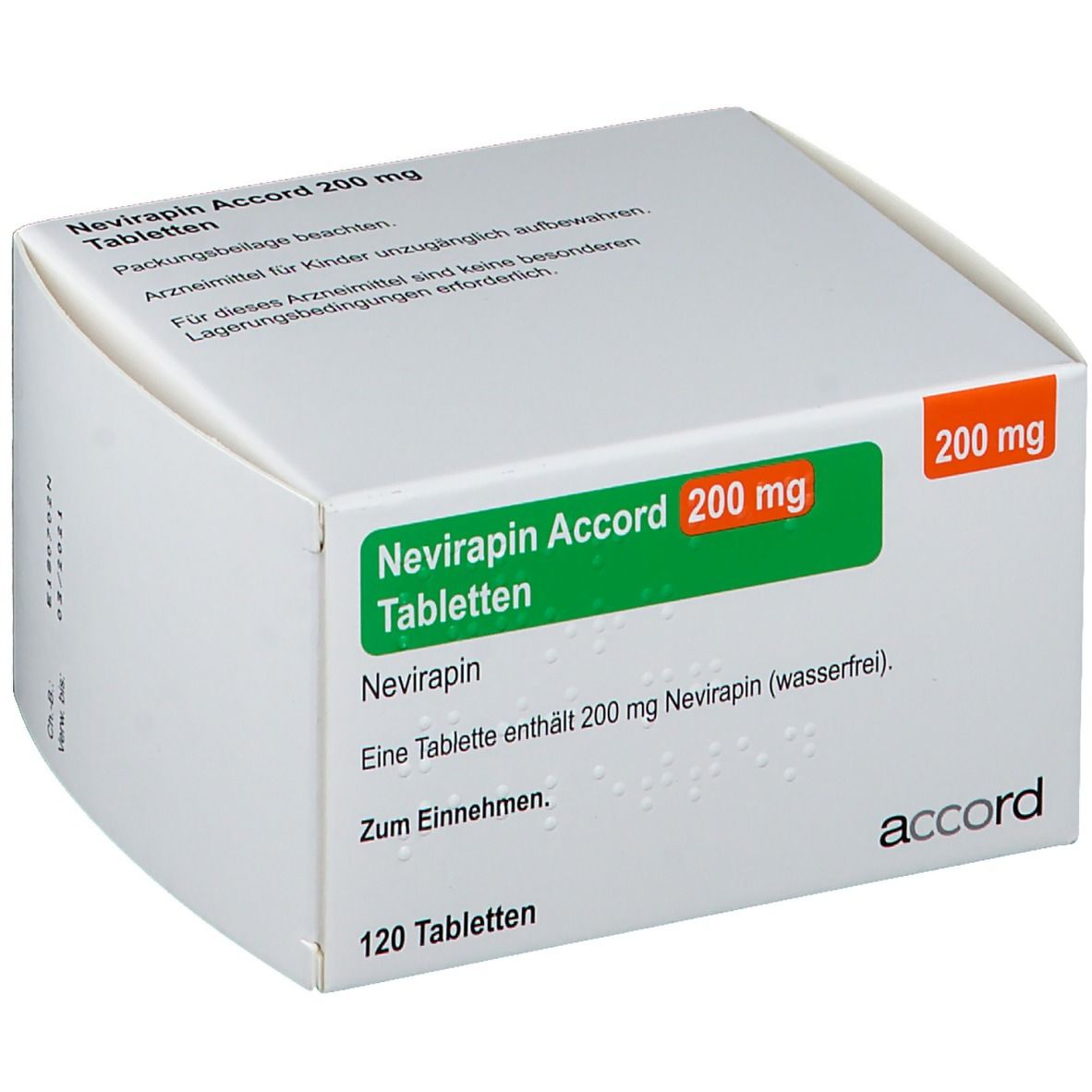 Schachtel mit Nevirapin Accord 200 mg Tabletten. Grün-weiße Verpackung mit Text und Logo. 120 Tabletten.