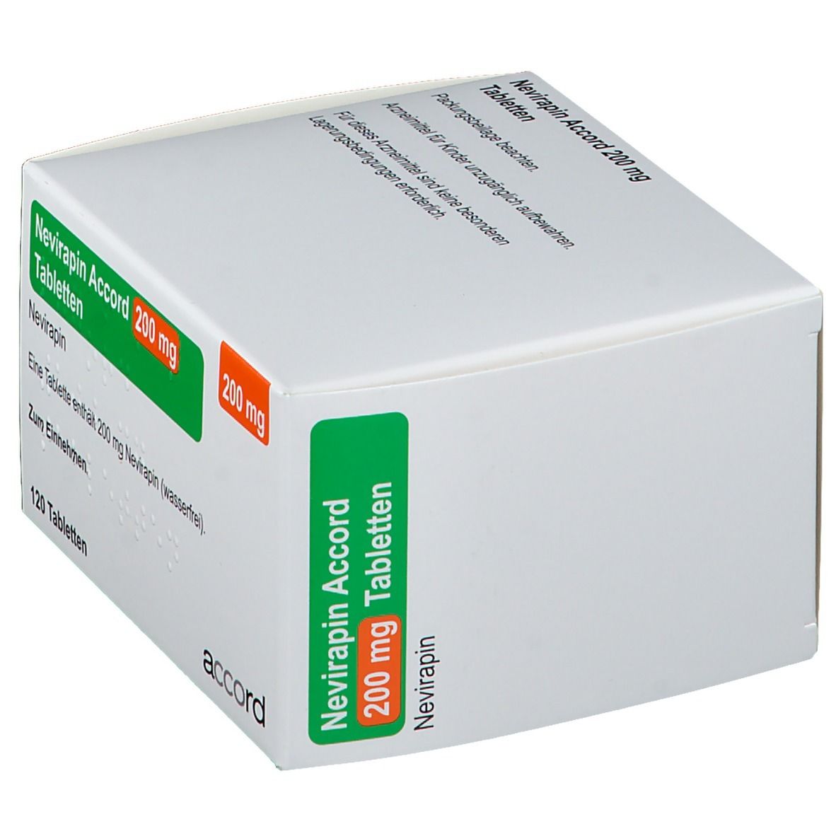 Schachtel mit Nevirapin Accord 200 mg Tabletten. Grün-weiße Verpackung mit Text und Logo. Ansicht schräg.