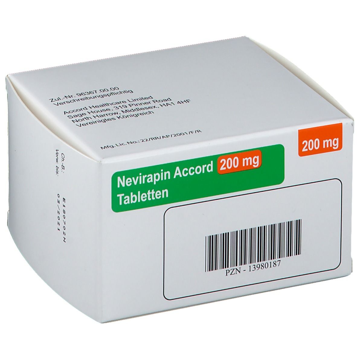 Schachtel mit Nevirapin Accord 200 mg Tabletten. Rückseite mit Text, Barcode und Logo. Weiße Verpackung.