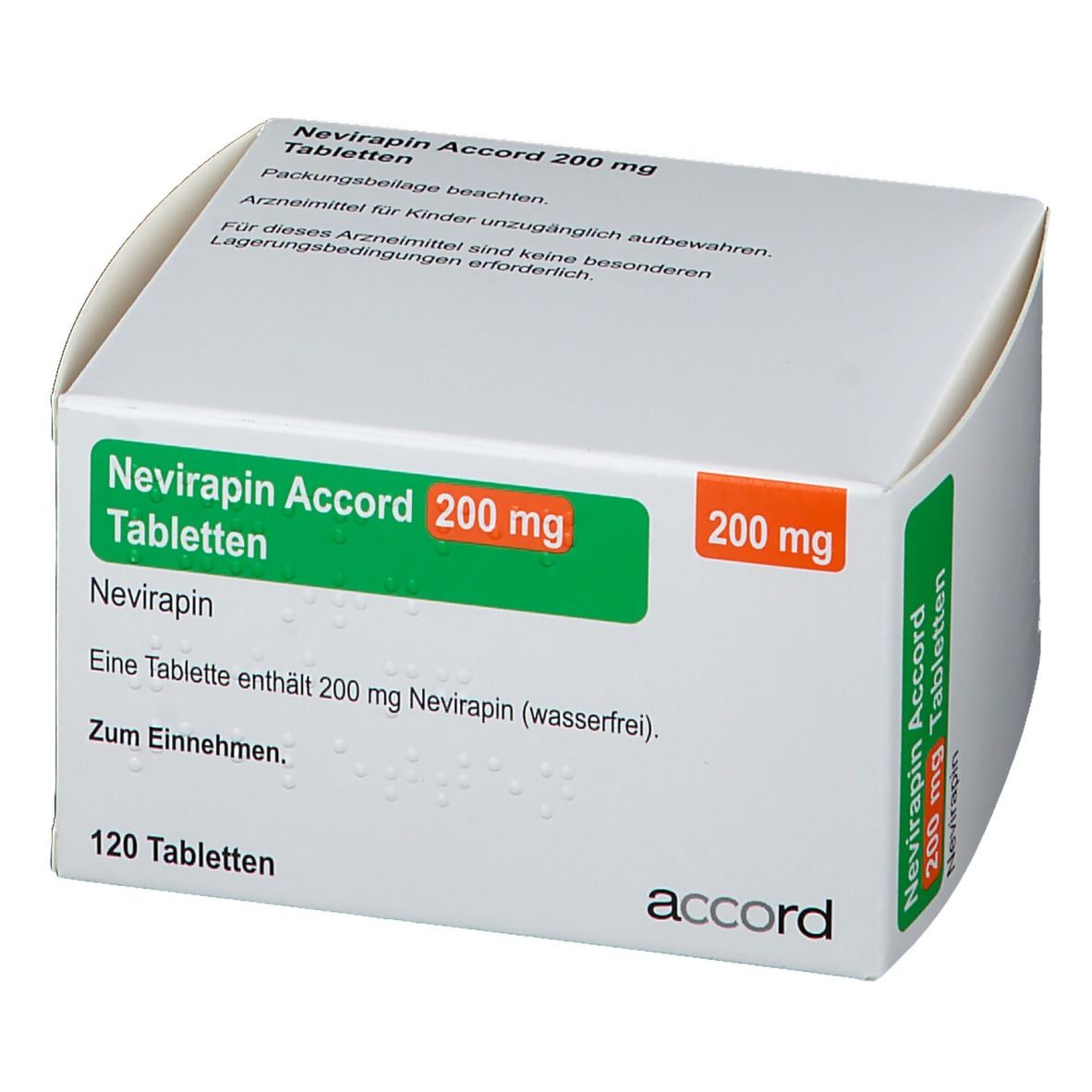 Schachtel mit Nevirapin Accord 200 mg Tabletten. Grün-weiße Verpackung mit Text und Logo. Ansicht schräg.