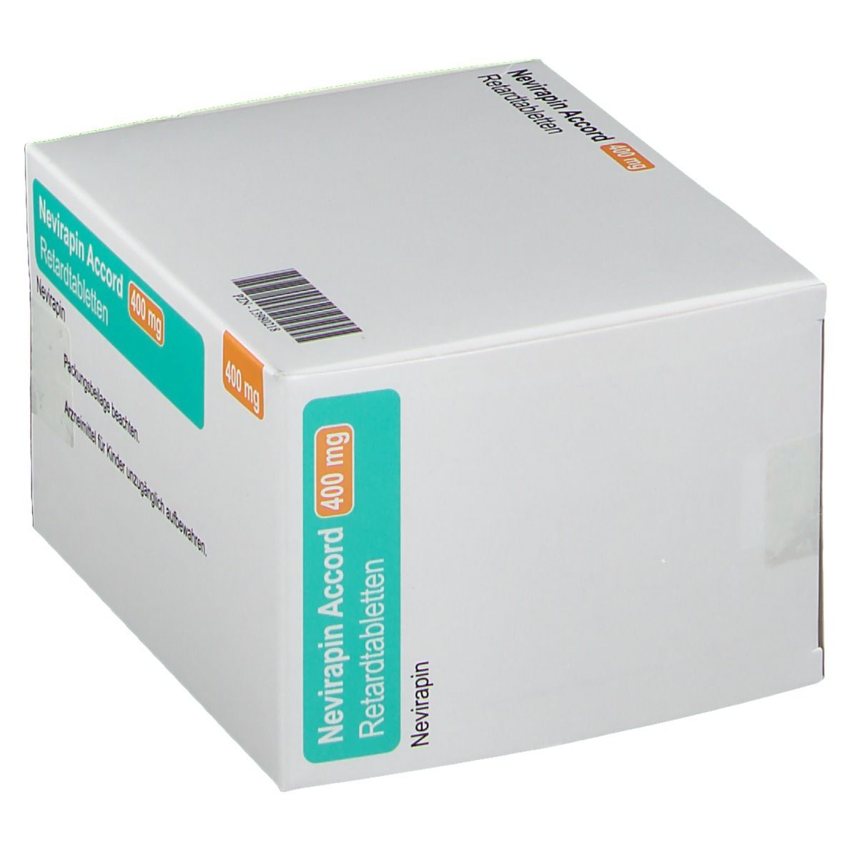 Weißer Karton mit grüner und oranger Beschriftung. Aufschrift: Nevirapin Accord 400 mg Retardtabletten.