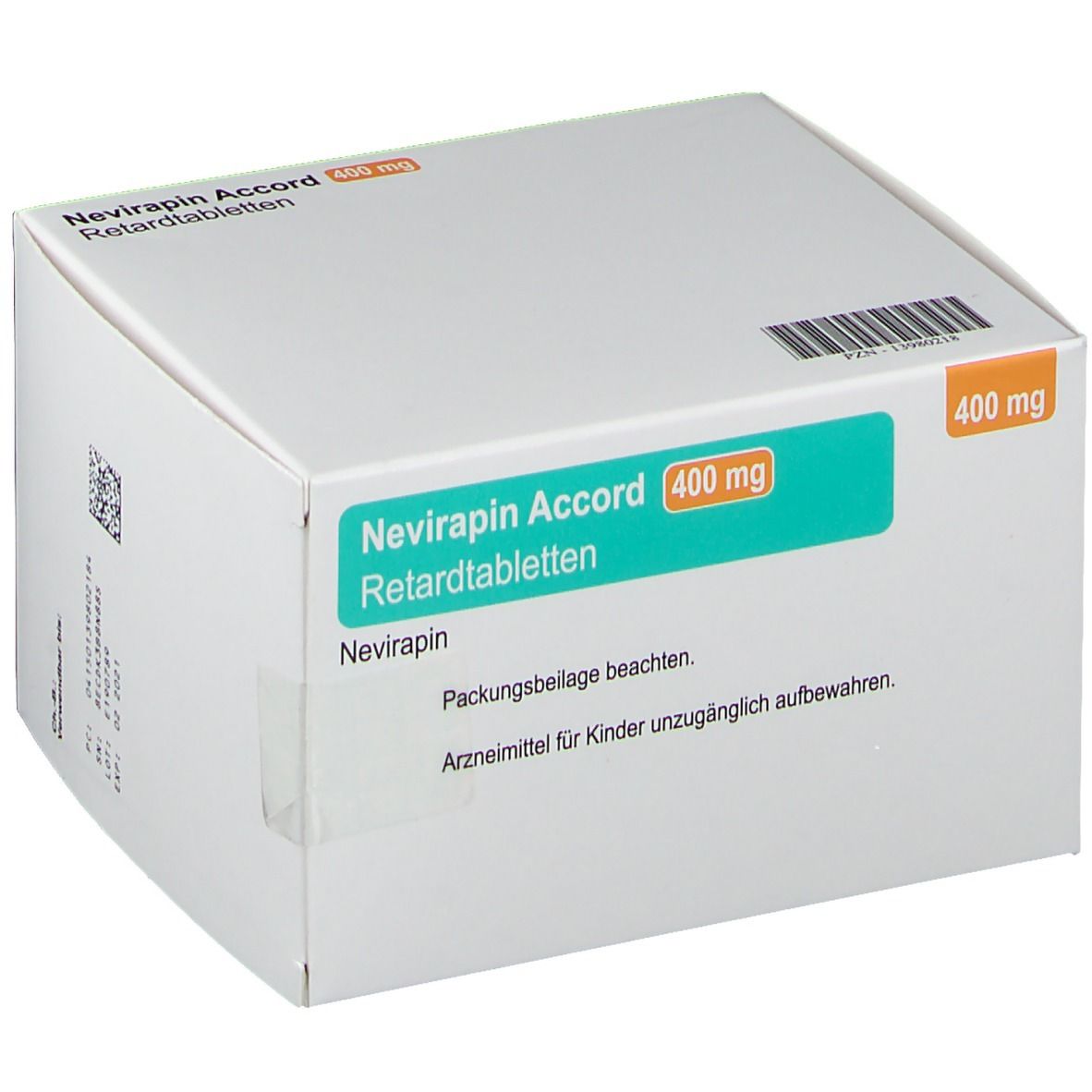 Weißer Karton mit grüner und oranger Beschriftung. Aufschrift: Nevirapin Accord 400 mg Retardtabletten.
