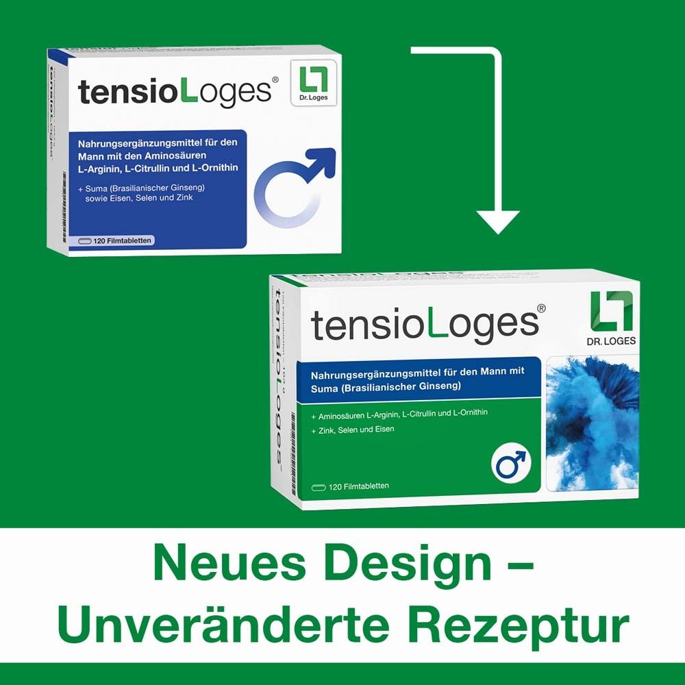 Zwei „tensioLoges®“-Verpackungen. Oben: Original. Unten: Neues Design. Text: „Neues Design - Unveränderte Rezeptur“. Grüner Hintergrund.