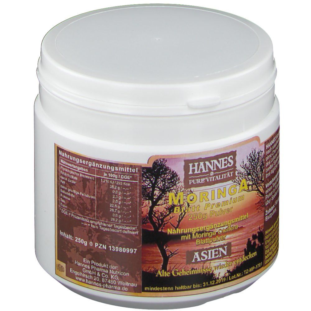 Weißes, rundes Behältnis mit Deckel. Aufkleber mit Produktinformationen und Schriftzug MORINGA. Marke: HANNES.