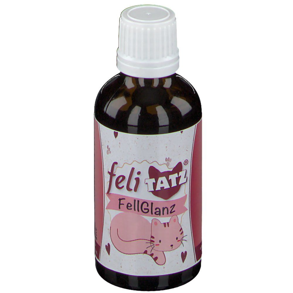Braune Flasche mit weißem Deckel. Aufkleber mit rosa Katze und Schriftzug: feliTATZ FellGlanz.