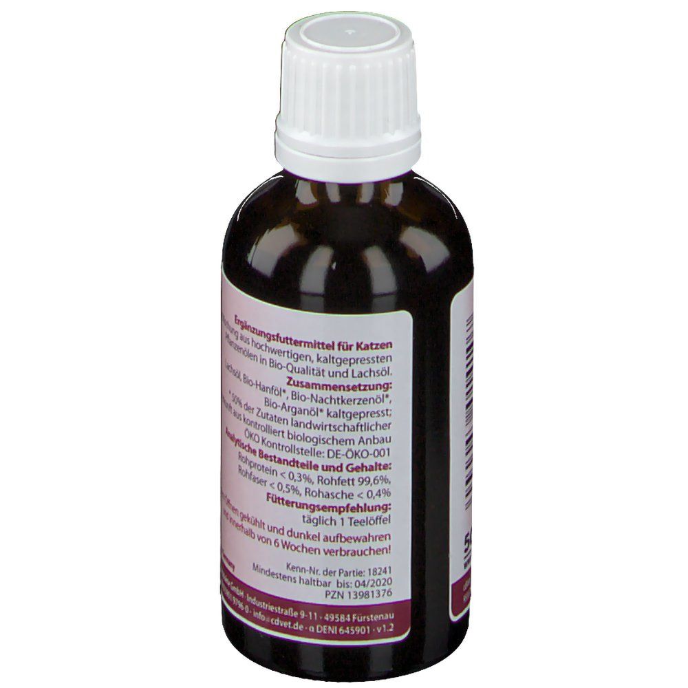 Rückseite der Flasche. Rosa Etikett mit Text. Enthält Informationen über Inhaltsstoffe und Fütterungsempfehlung.