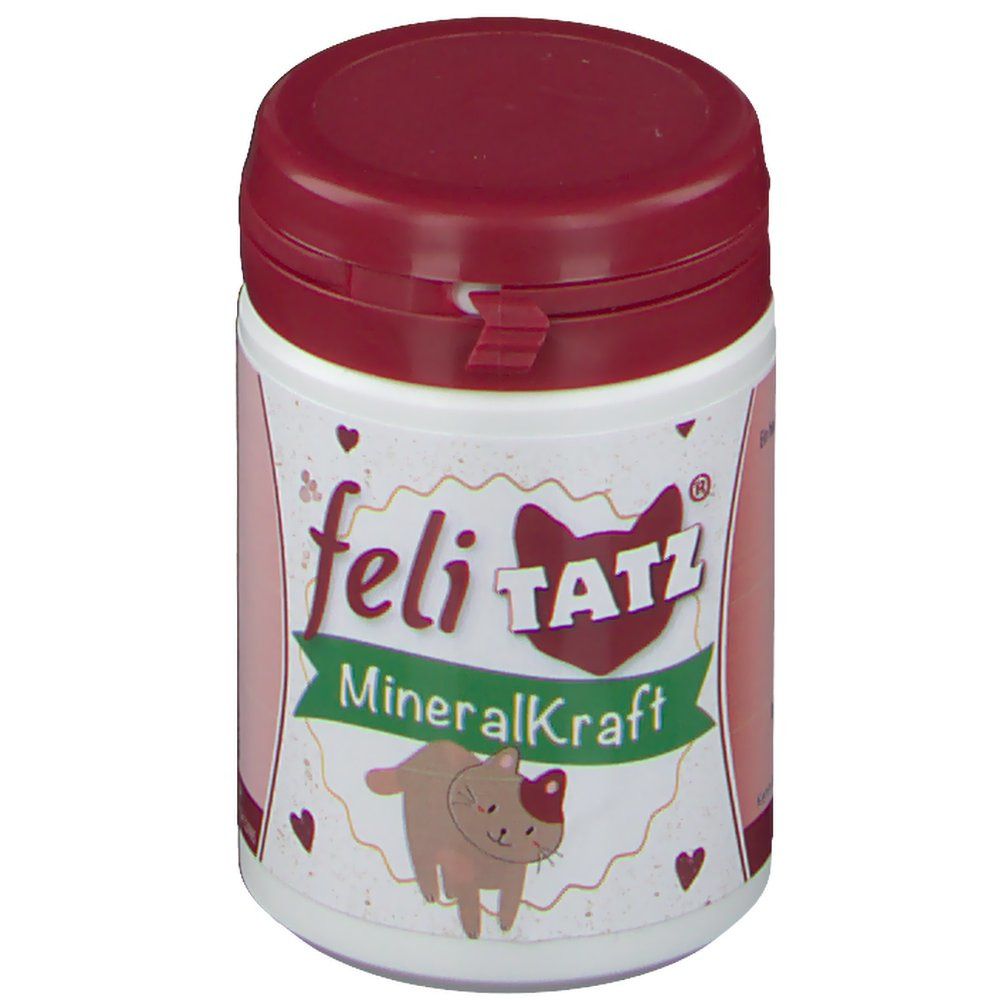 Weißes, zylindrisches Behältnis mit bordeauxrotem Deckel. Aufschrift: feliTATZ MineralKraft, Katzen-Illustration.