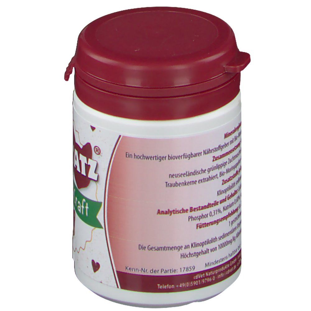 Weißes Behältnis mit bordeauxrotem Deckel. Text auf Etikett: Inhaltsstoffe, Analyse, Kenn-Nr., Telefonnummer.