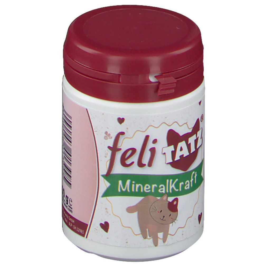 Weißes, zylindrisches Behältnis mit bordeauxrotem Deckel. Aufschrift: feliTATZ MineralKraft, Katzen-Illustration.