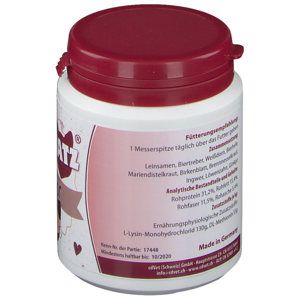 Weißes Behältnis mit burgunderfarbenem Deckel. Text über Inhaltsstoffe und Fütterungsempfehlung. Hergestellt in Deutschland.