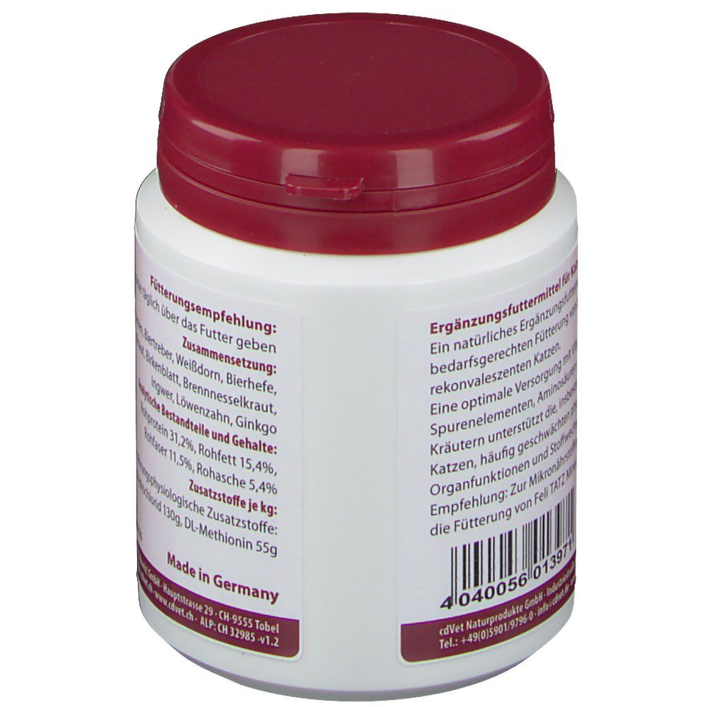 Weißes Behältnis mit burgunderfarbenem Deckel. Text über Ergänzungsfuttermittel für Katzen. Hergestellt in Deutschland.