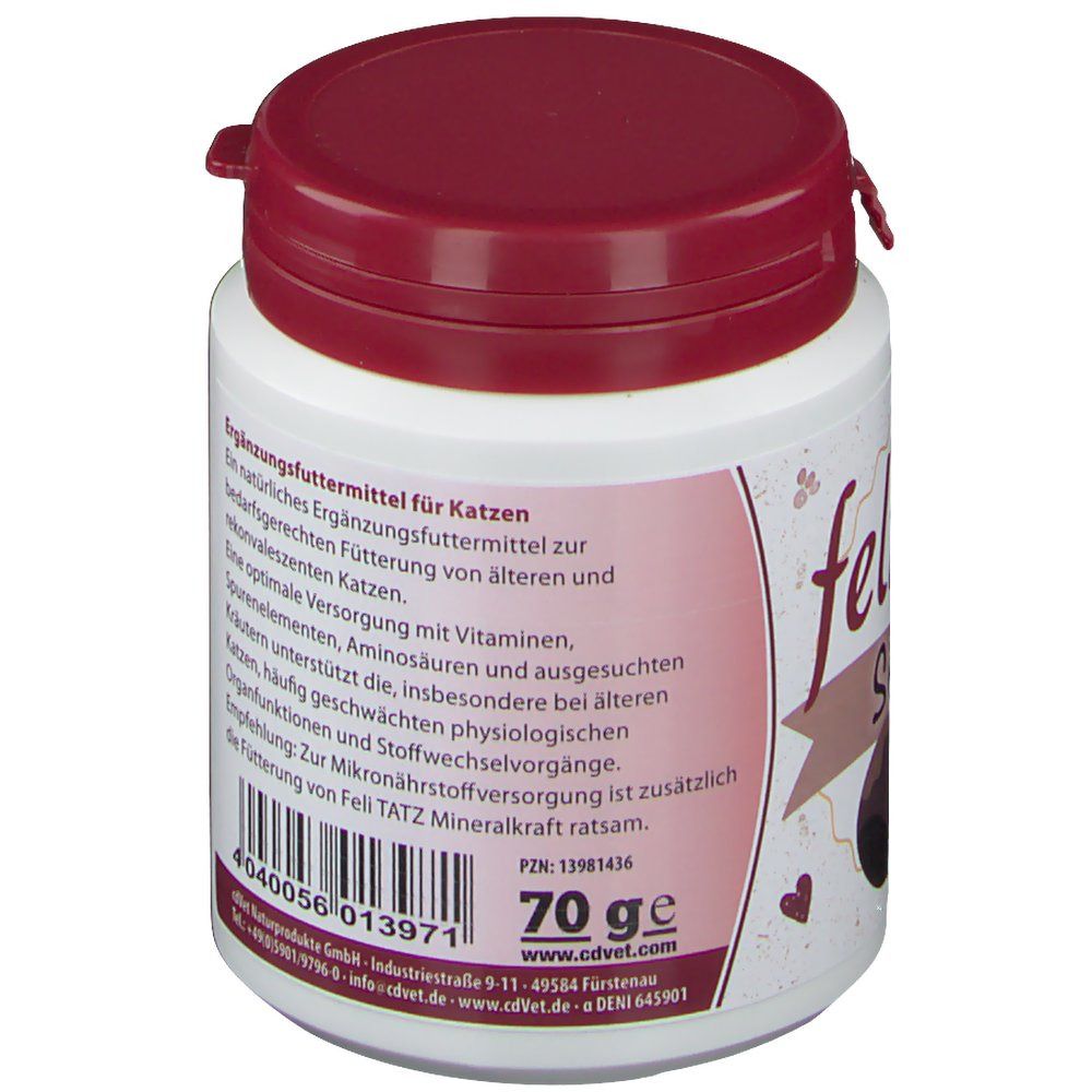 Weißes Behältnis mit burgunderfarbenem Deckel. Aufschrift: feli TATZ Senior. Gewicht: 70ge. Text über Ergänzungsfuttermittel.