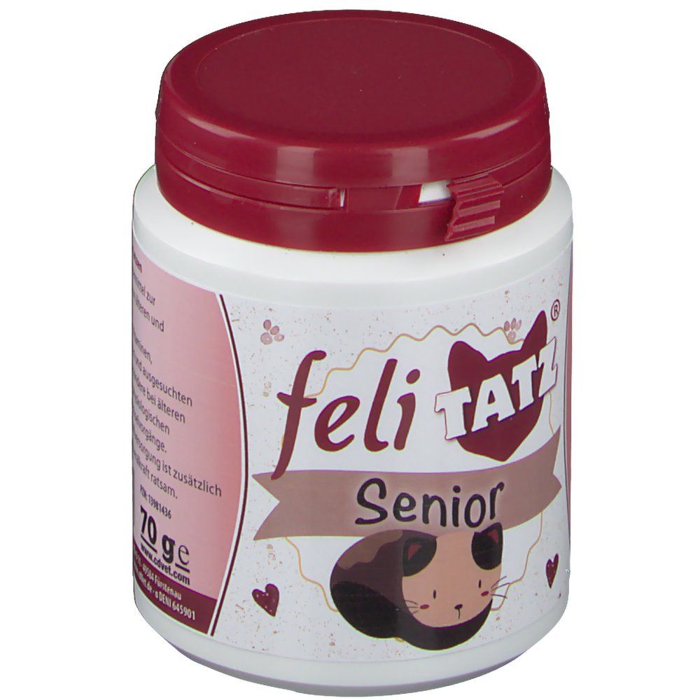 Weißes Behältnis mit burgunderfarbenem Deckel. Aufschrift: feli TATZ Senior. Abbildung eines Meerschweinchens. Gewicht: 70ge.