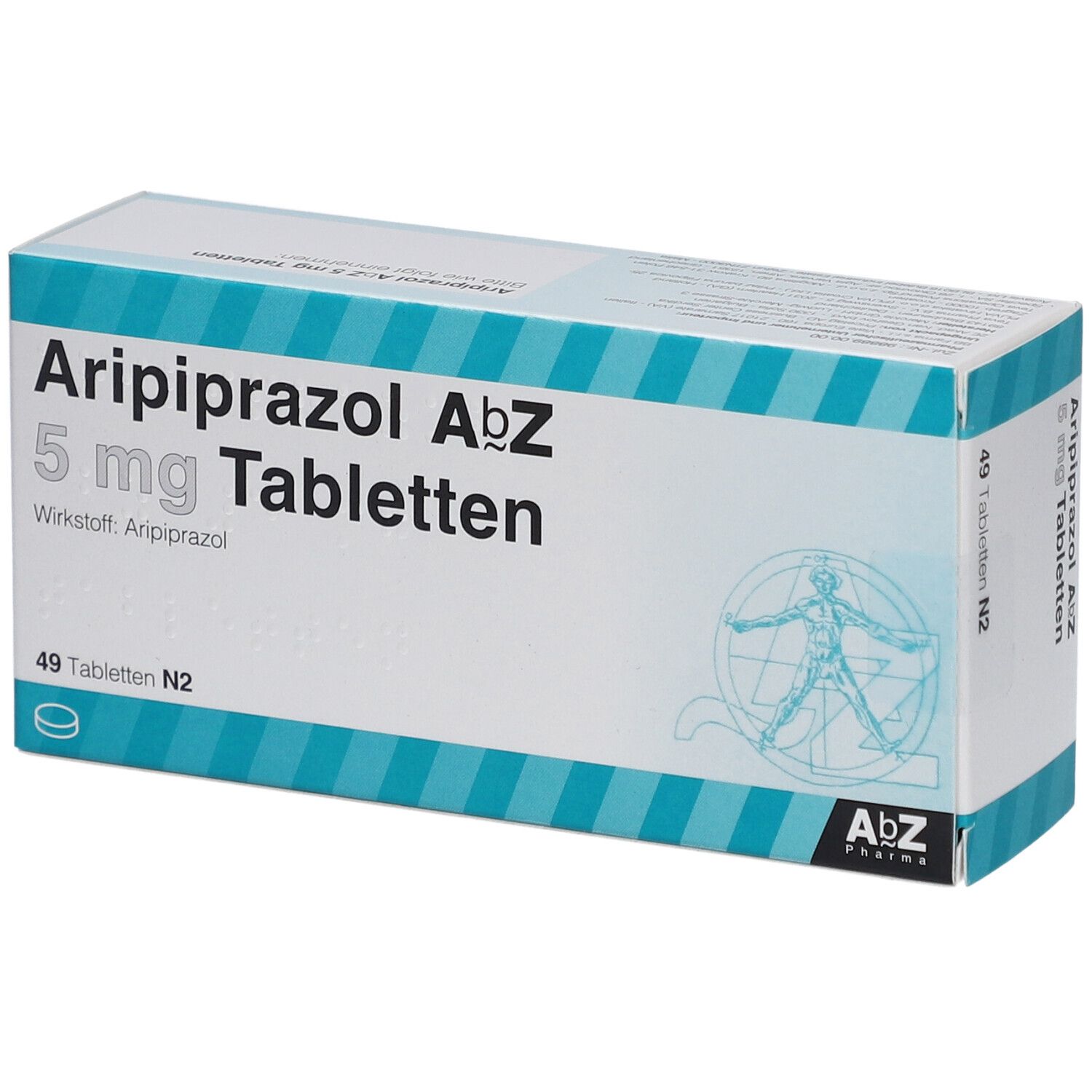 Schachtel mit Tabletten. Aufschrift: Aripiprazol AbZ 5 mg Tabletten. 49 Tabletten. AbZ Pharma Logo.