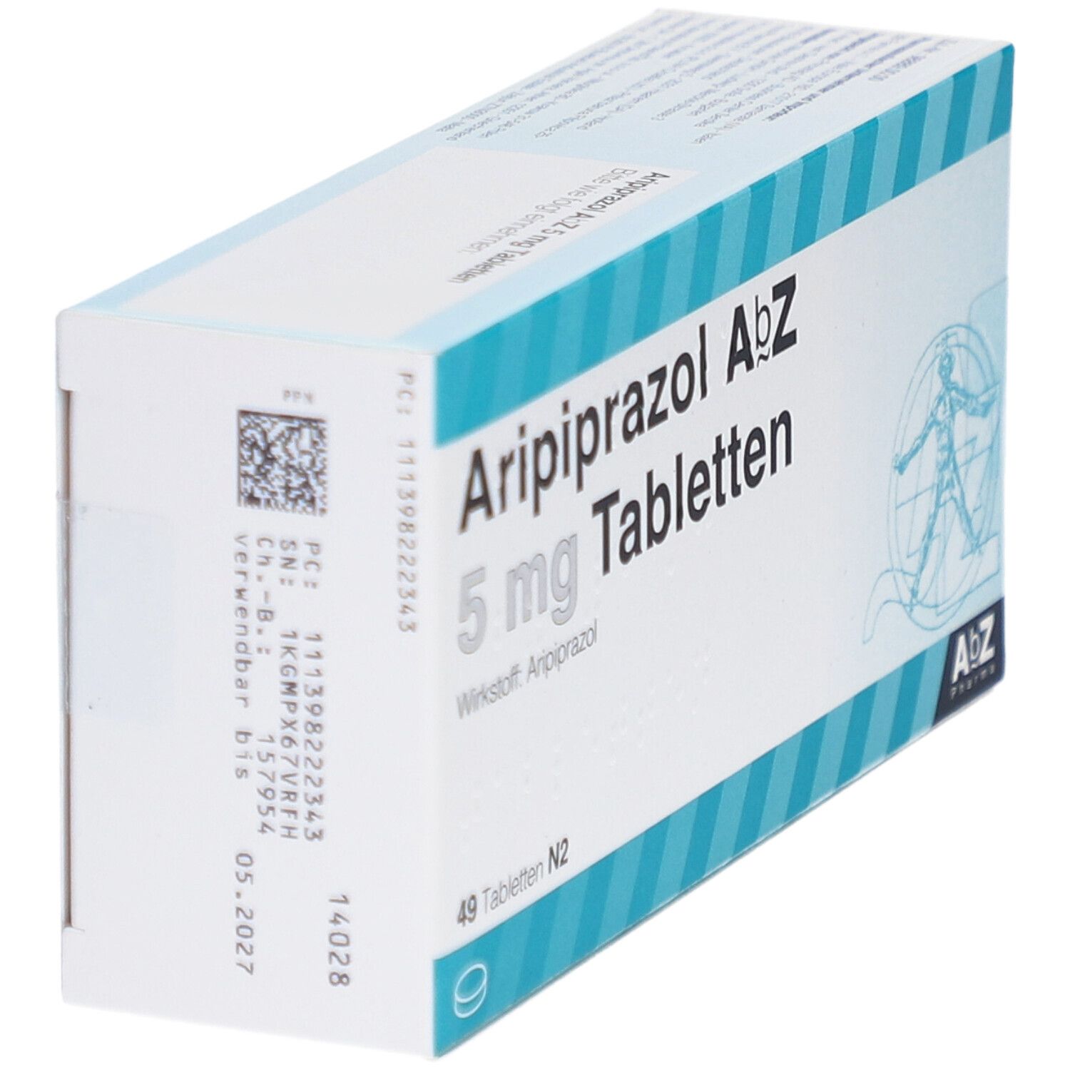 Schachtel mit Tabletten, schräg. Aufschrift: Aripiprazol AbZ 5 mg Tabletten. 49 Tabletten. AbZ Pharma Logo.