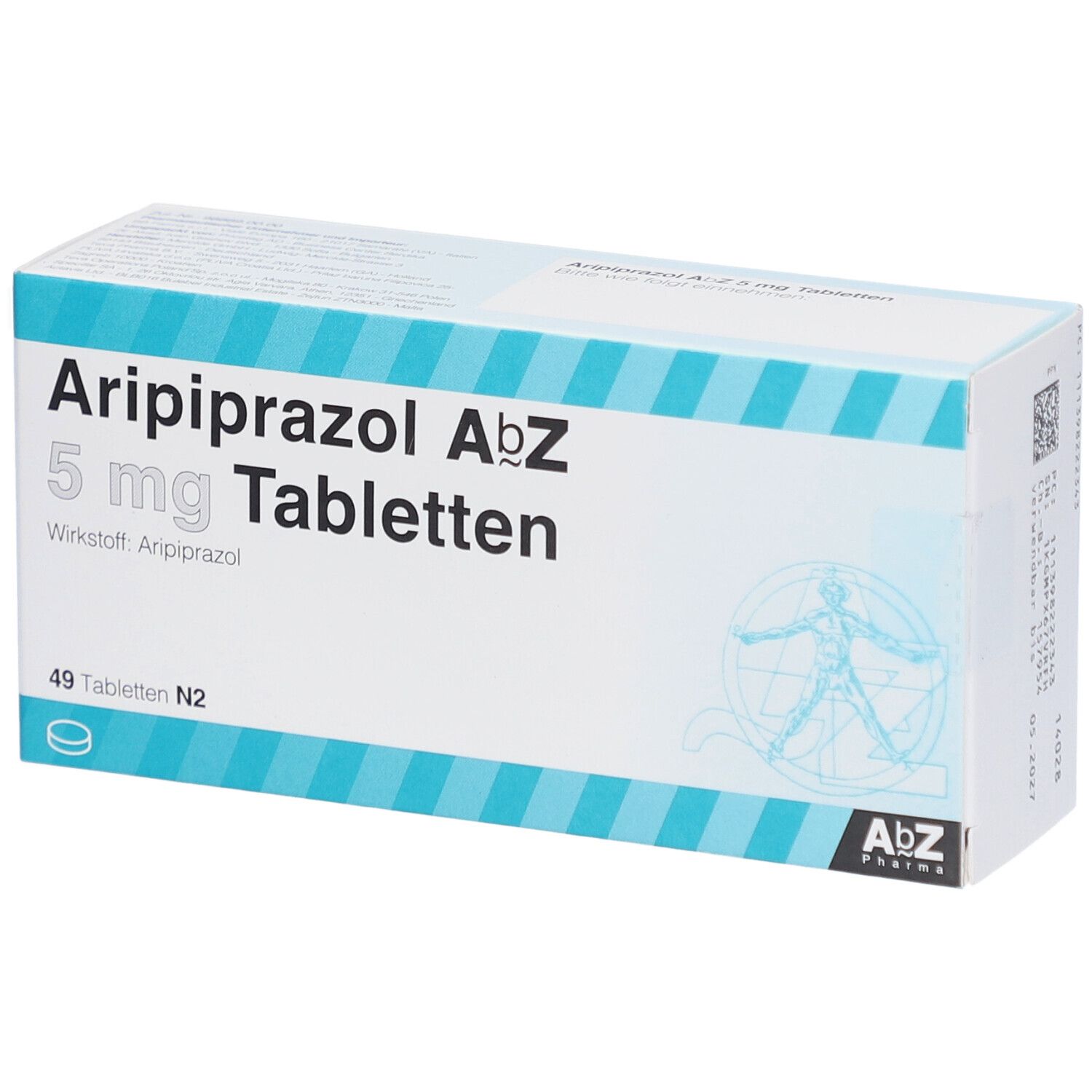 Schachtel mit Tabletten. Aufschrift: Aripiprazol AbZ 5 mg Tabletten. 49 Tabletten. AbZ Pharma Logo.