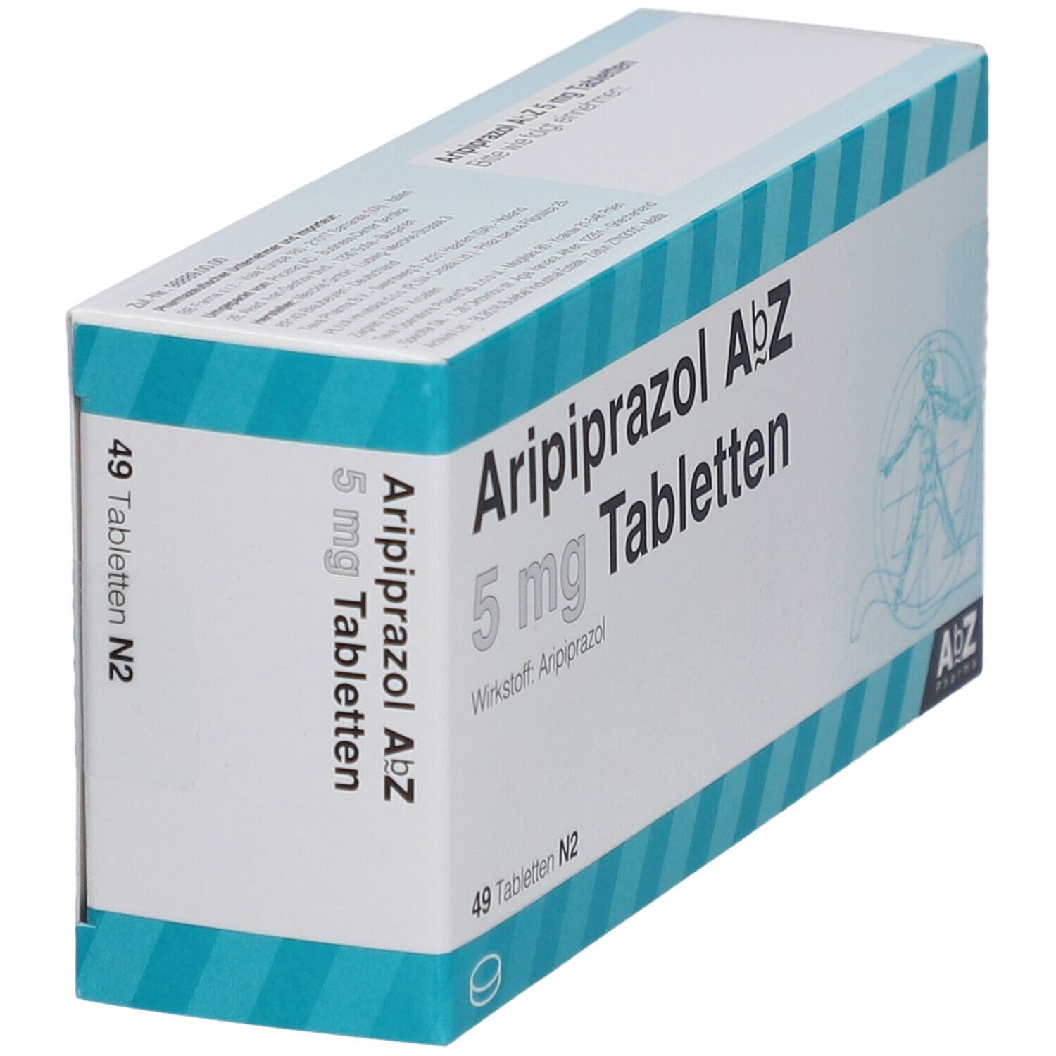 Schachtel mit Tabletten, schräg. Aufschrift: Aripiprazol AbZ 5 mg Tabletten. 49 Tabletten. AbZ Pharma Logo.