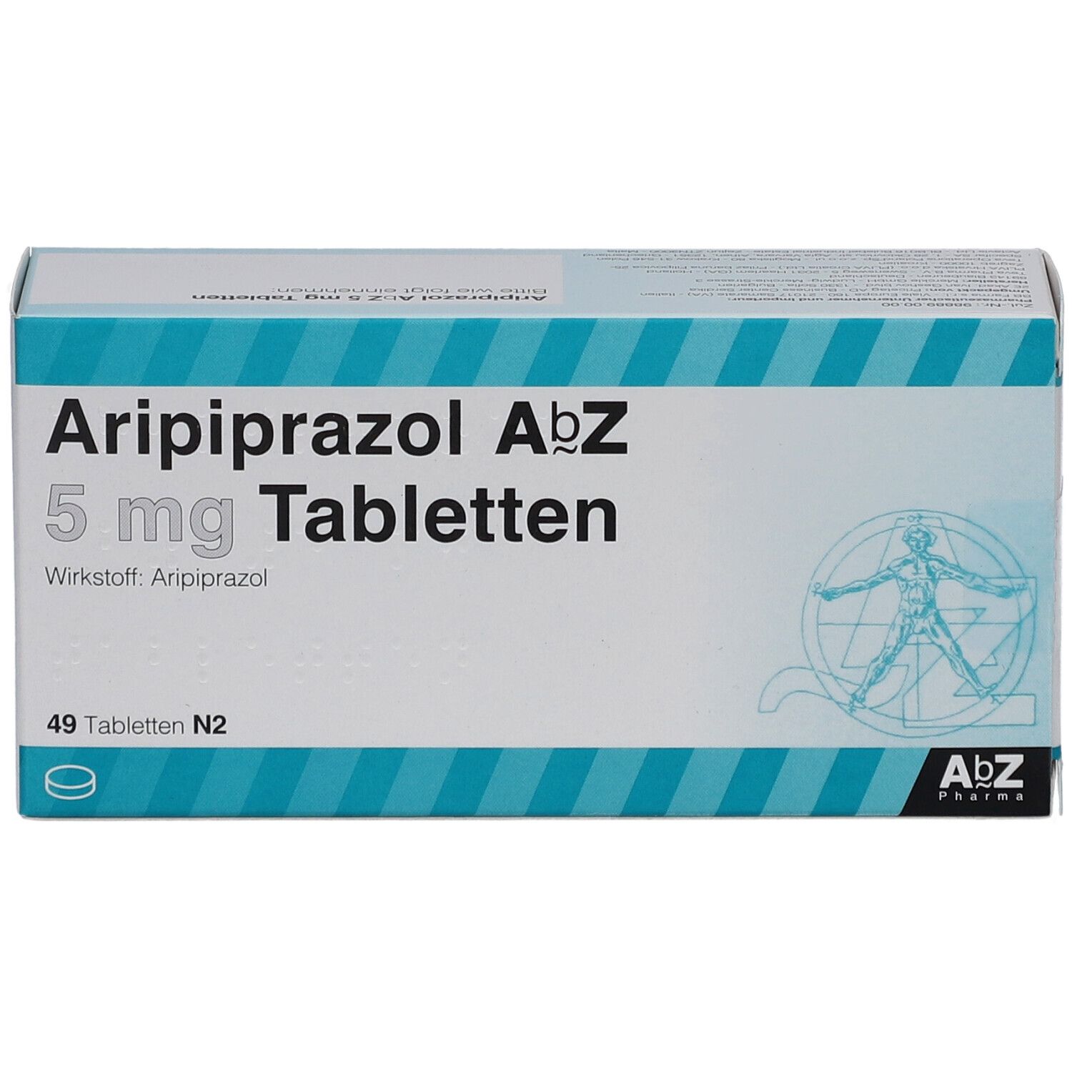 Schachtel mit Tabletten. Aufschrift: Aripiprazol AbZ 5 mg Tabletten. 49 Tabletten. AbZ Pharma Logo.