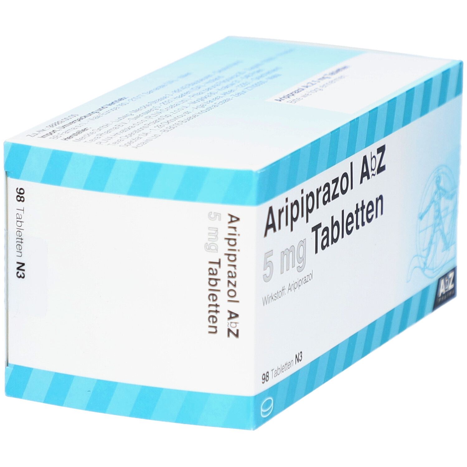 Aripiprazol AbZ 5 mg Tabletten-Packung. Schachtel mit Produktnamen, Dosierung und Logo, blau-weiß.