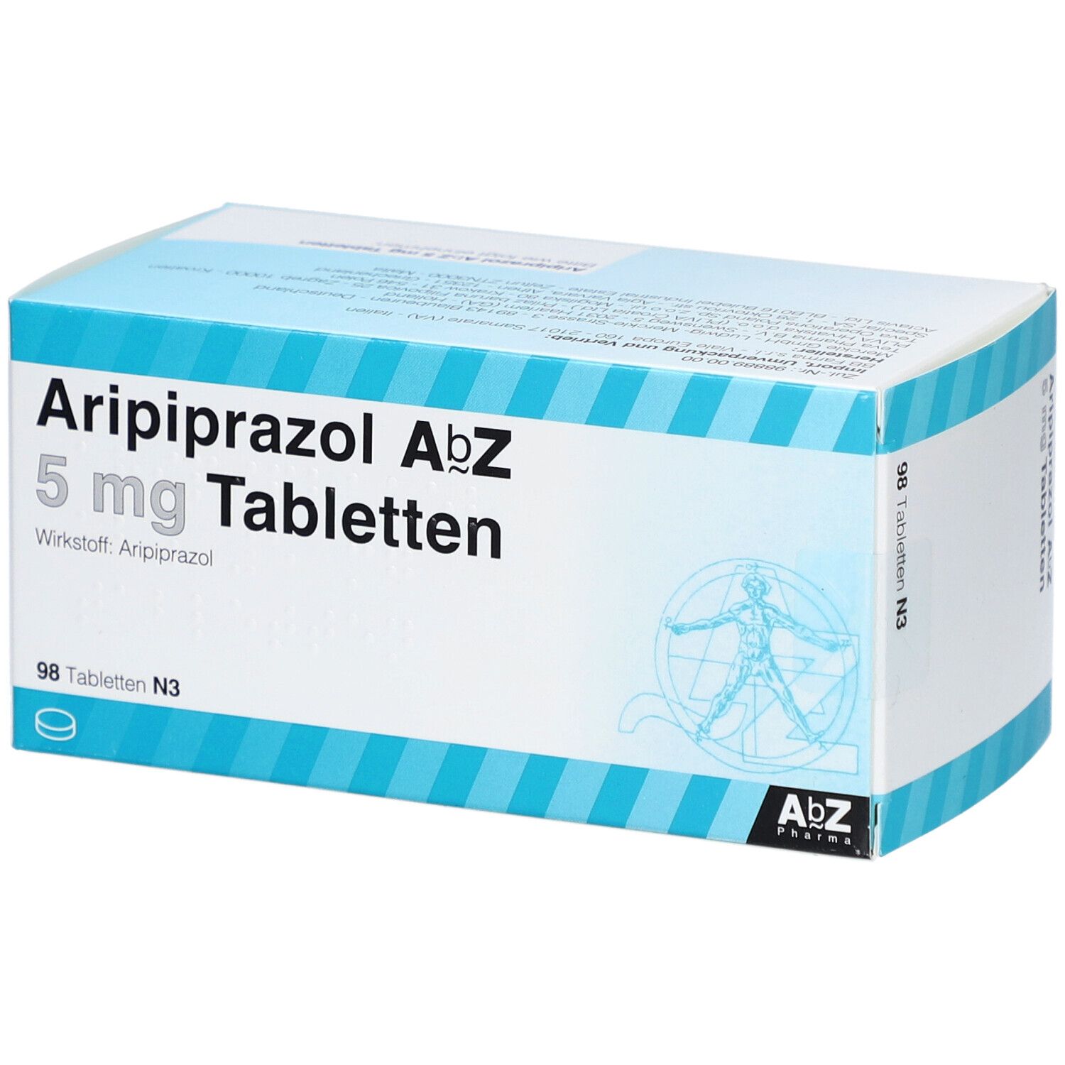 Aripiprazol AbZ 5 mg Tabletten-Packung. Weiß-blaue Schachtel mit Produktnamen, Dosierung und Logo.