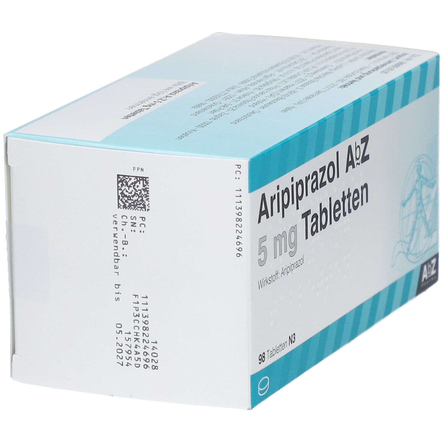 Aripiprazol AbZ 5 mg Tabletten-Packung. Schachtel mit Produktinformationen, Logo und Verfallsdatum.