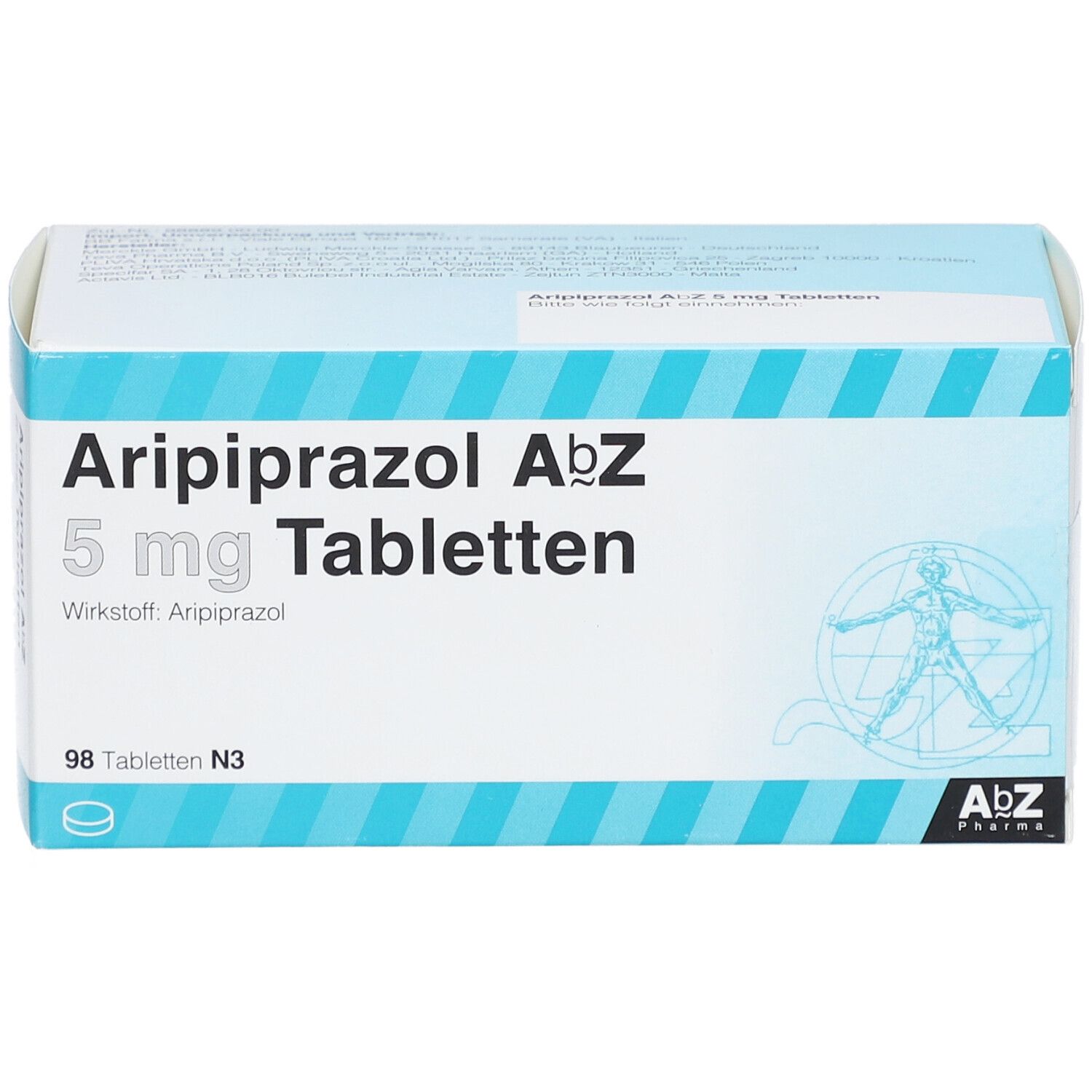 Aripiprazol AbZ 5 mg Tabletten-Packung. Weiß-blaue Schachtel mit Produktnamen, Dosierung und Logo.